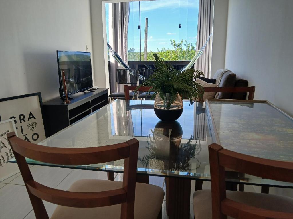 a dining room with a glass table with a potted plant at APARTAMENTO EM GARANHUNS PERTO De TUDO in Garanhuns