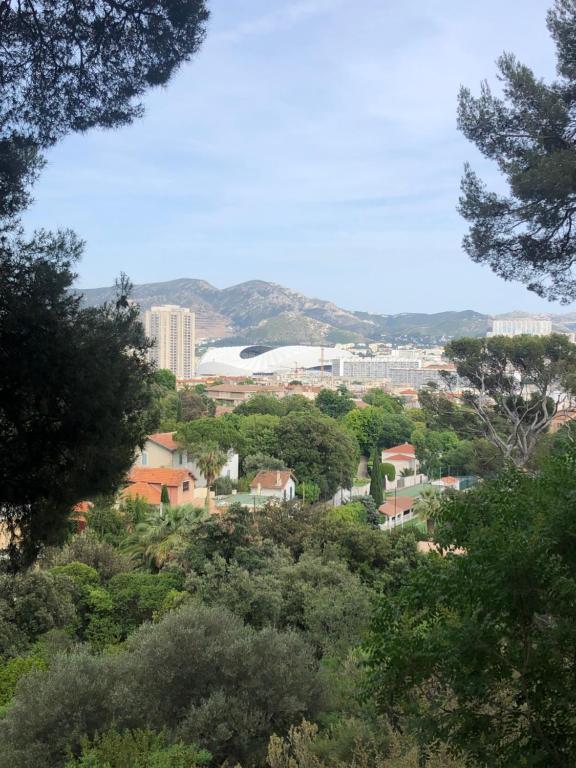 une vue d'une ville avec des arbres et des bâtiments dans l'établissement Joli studio, à Marseille