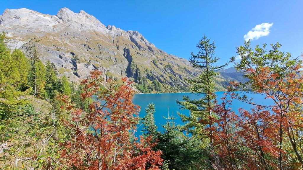 a view of a lake in the mountains at Chalet Diognysos B&B, Boutique Hotel & Wellness in Crans-Montana