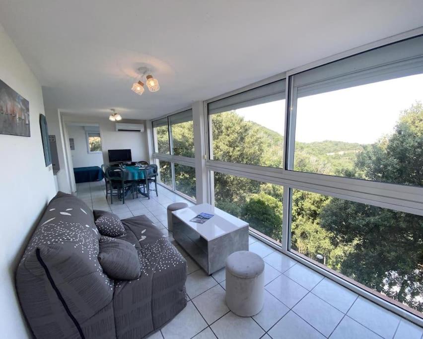 Una sala de estar con un sofá y grandes ventanales. en L'appartement des Albères, en Laroque-des-Albères