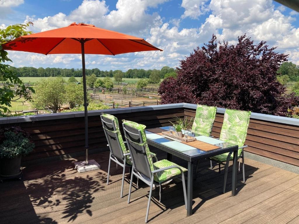 a table with chairs and an umbrella on a deck at Schöne Aussicht - b45799 in Wienhausen