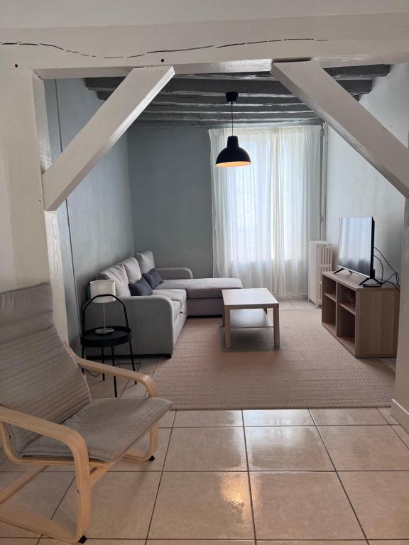 ein Wohnzimmer mit einem Sofa und einem Tisch in der Unterkunft La Maison d Elodie in Vierzon