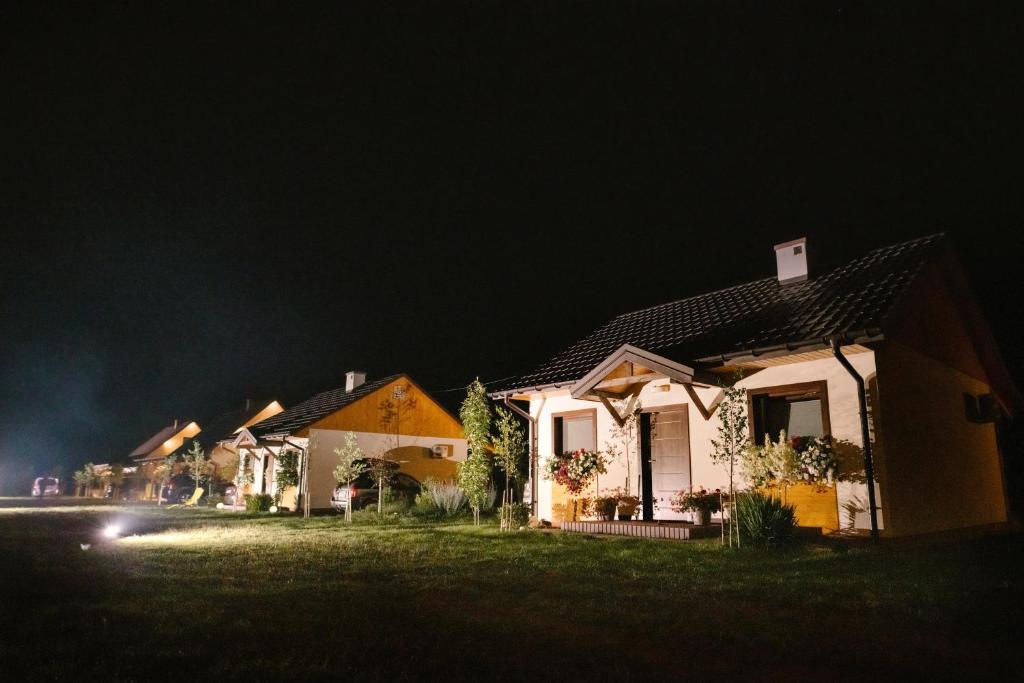 um grupo de casas à noite em Magiczny Zakątek Bałtów em Bałtów