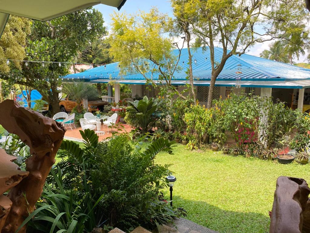 a yard with a house with a blue roof at Vacation Garden Home with kiddie pool, central aircon, Netflix, billiards, table tennis and karaoke in Cavite