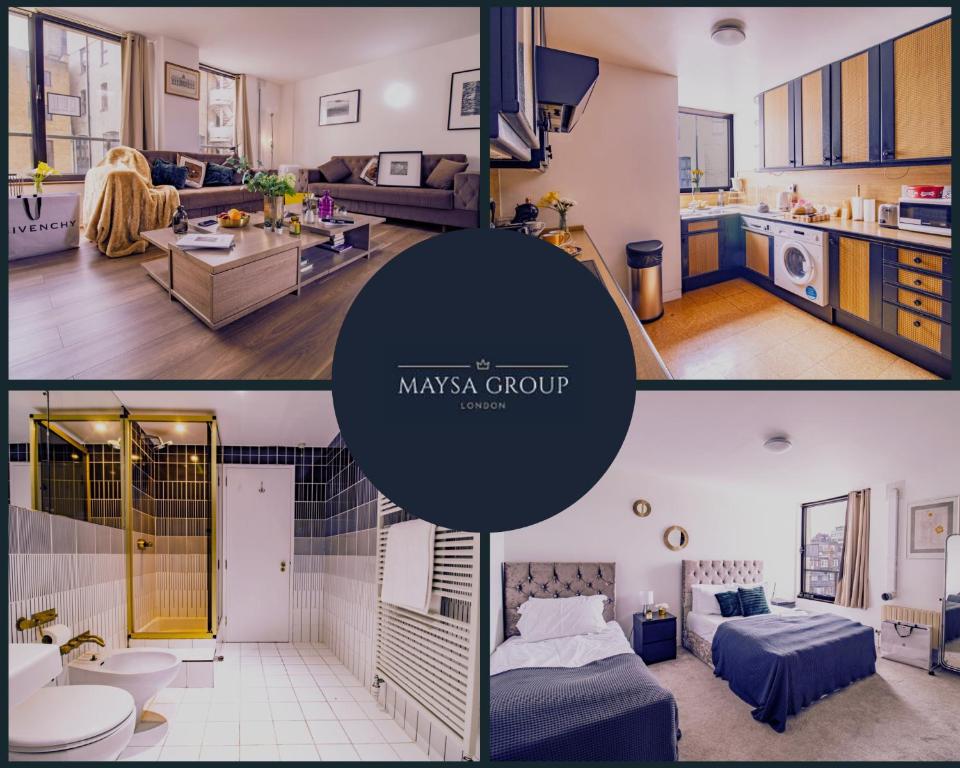een collage van foto's van een woonkamer en een keuken bij New Piccadilly, Mayfair, London 6100P in Londen