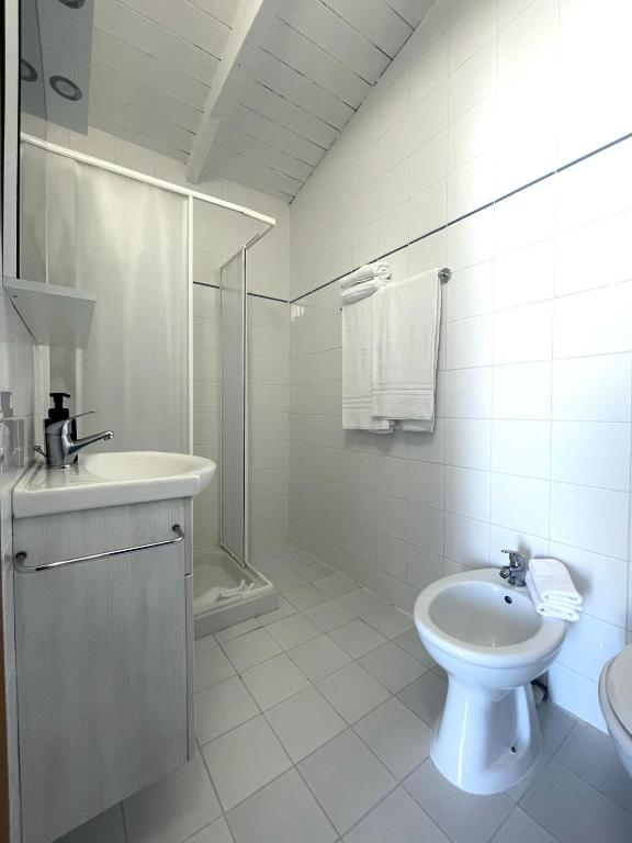 un bagno bianco con lavandino e WC di Aldiva Chalet a Torvaianica