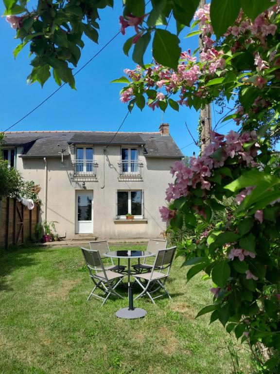 une table et des chaises devant une maison dans l'établissement Gîte nature à La Chapelle de Brain, à La Chapelle-de-Brain