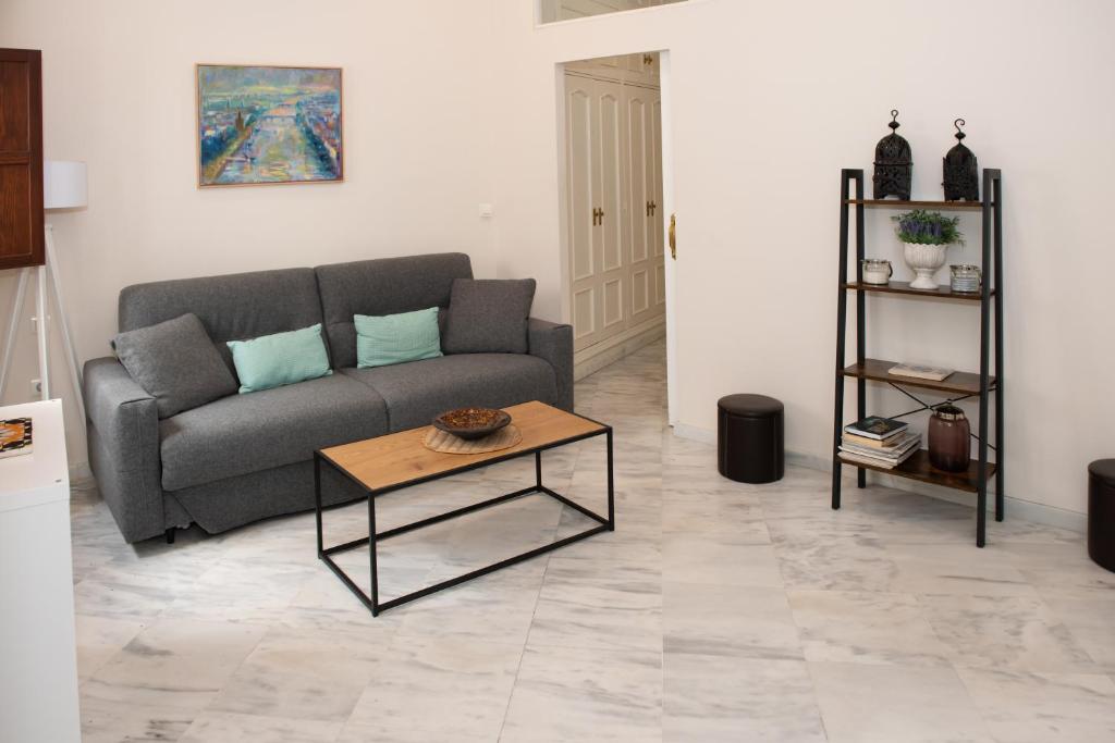 sala de estar con sofá y mesa de centro en Charming & quiet apartment in Plaza del Salvador, en Sevilla