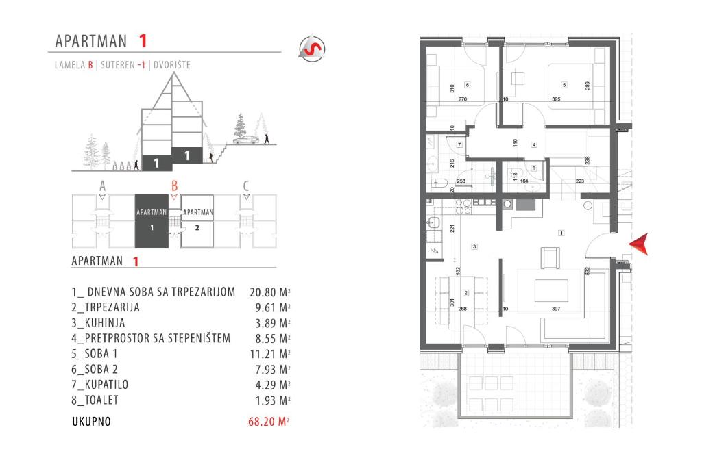 Pelan lantai bagi Divčigora apartmani