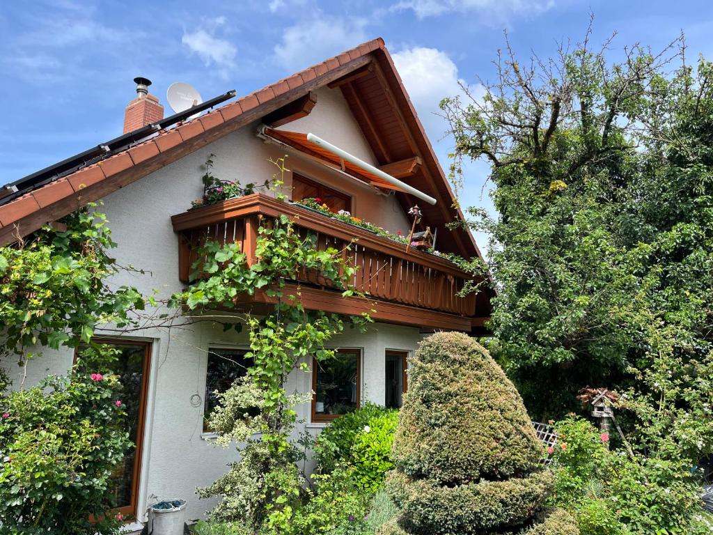 uma casa com uma varanda com plantas em Fewo Judith em Freital