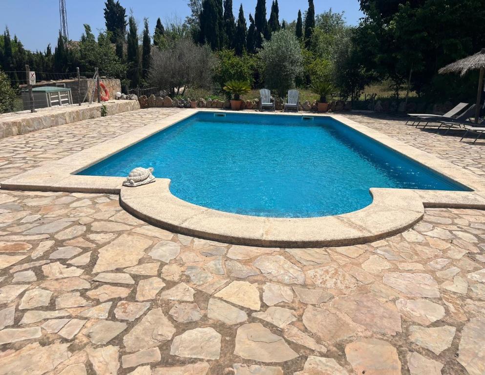 - une piscine dans une cour avec une terrasse en pierre dans l'établissement Finca aigua, à Sencelles