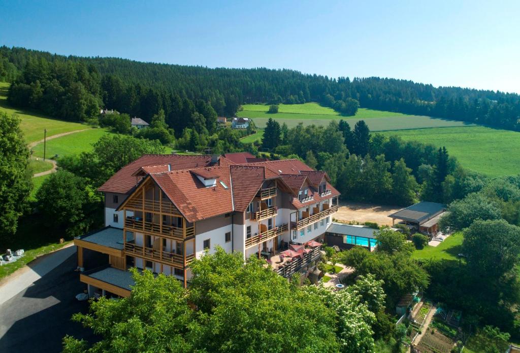 an aerial view of a house in the forest at Hotel Schwengerer in Mönichwald