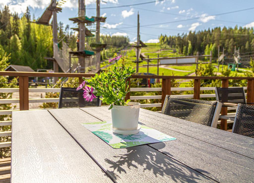 uma mesa com um vaso de planta sentado em cima dela em Outdoor Hostel Laajis em Jyväskylä