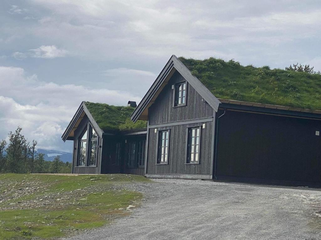 a house with a grass roof with a garage at Ny flott høyfjellshytte på Geilo! 8 min til Kikut in Geilo