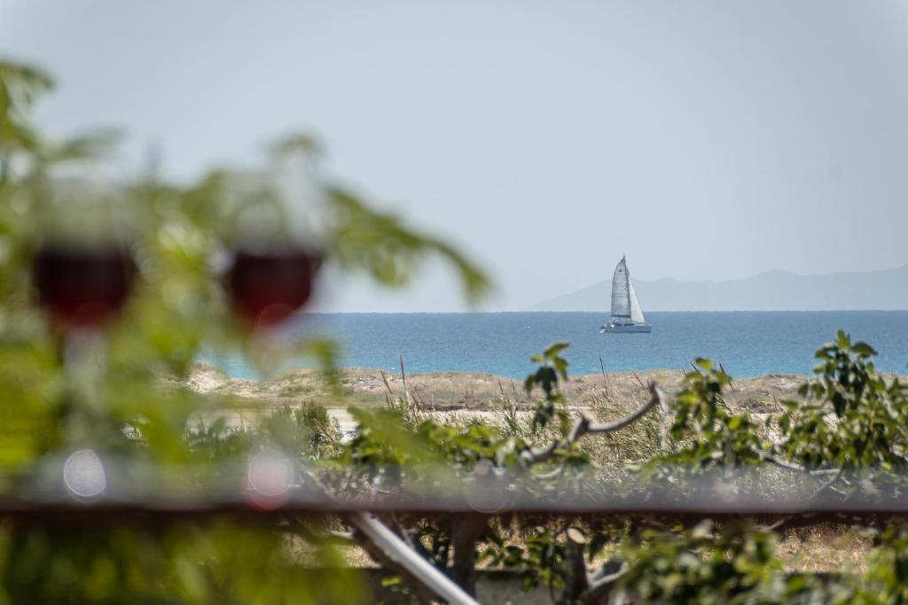 a sailboat in the ocean with a boat in the water at Villa Grevillea Mikri Vigla in Mikri Vigla