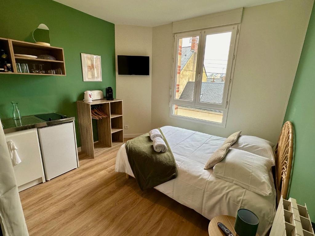 une chambre verte avec un lit et une fenêtre dans l'établissement Le Vert-Tige - Gare - BCLA, au Mans