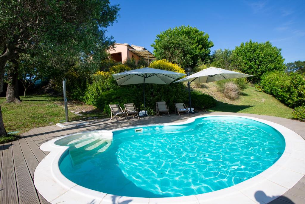 - une piscine avec deux parasols dans une cour dans l'établissement Villa Gelso - Tenuta esclusiva con piscina, sauna e vista panoramica, à Belvedere Ostrense