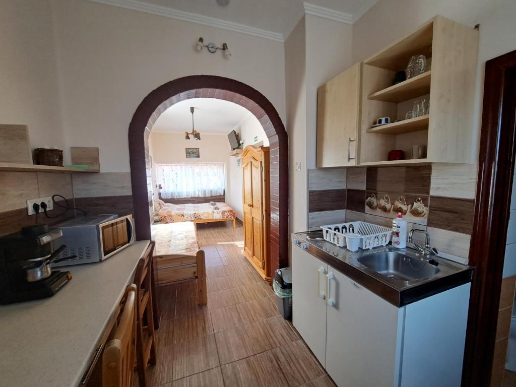 kuchnia ze zlewem i blatem w obiekcie Tündérfátyol apartmanház w mieście Poroszló