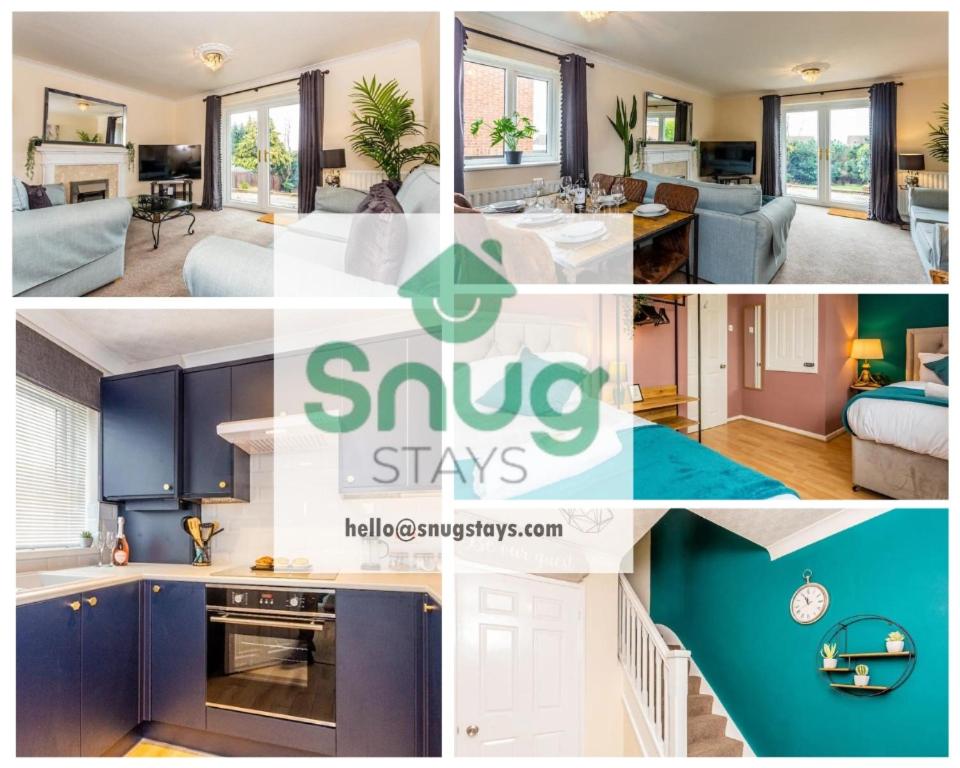 a collage of photos of a kitchen and a living room at Hardwick House 3 bed with parking for Contractors & Tourists in Gateshead