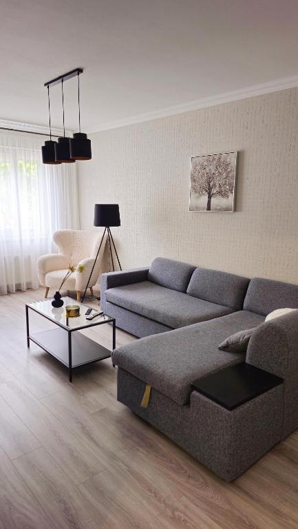 a living room with a couch and a table at BOGINE Apartament in Ventspils
