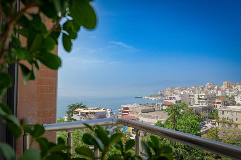 a view of the ocean from a balcony at The View Luxury Apartment Center in Sarandë