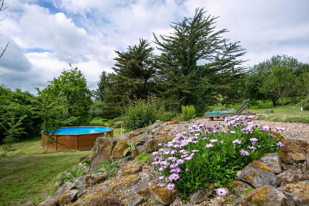 un jardin avec un banc et des fleurs sur une colline dans l'établissement Gîte Le Cornouaille - 10 personnes, à Plounérin