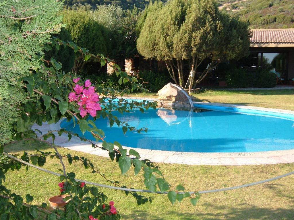 a blue swimming pool in a yard with flowers at Hotel Spartivento in Chia