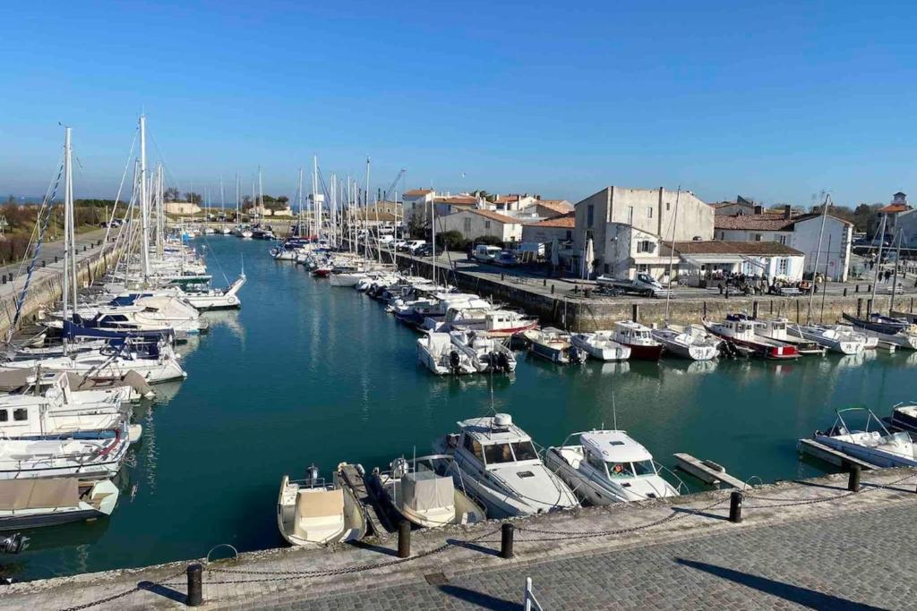 un groupe de bateaux amarrés dans un port dans l'établissement Cozy studio completely renovated with breathtaking views of the port, à Saint-Martin-de-Ré