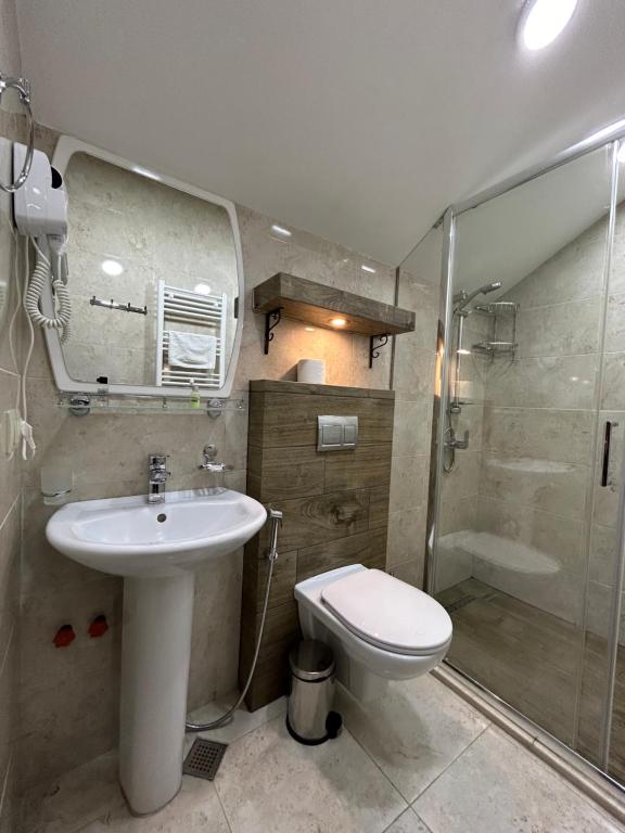 uma casa de banho com um lavatório, um WC e um chuveiro em 10 KEYS Boutique Hotel em Borjomi