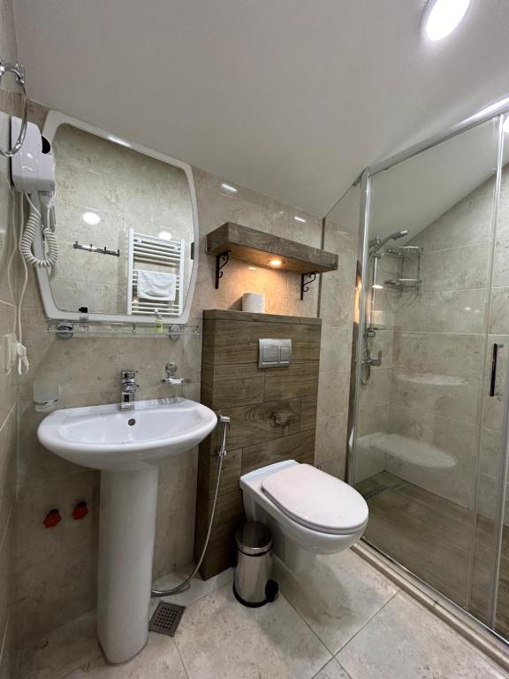 a bathroom with a sink and a toilet and a shower at 10 KEYS Boutique Hotel in Borjomi