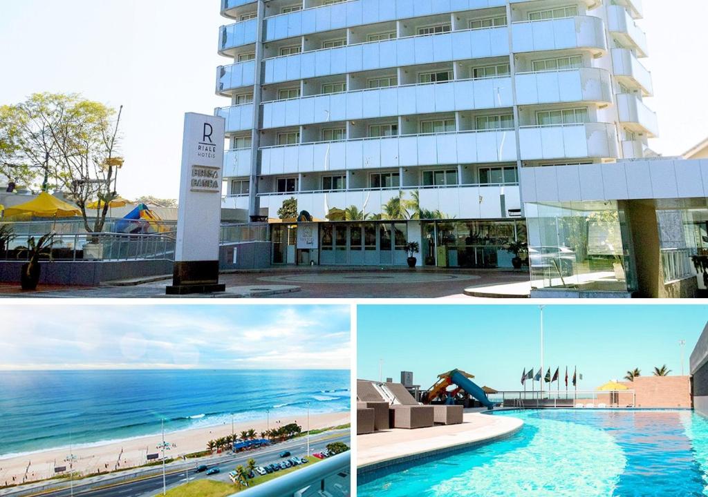 a collage of photos of a hotel and the ocean at Riale Brisa Barra in Rio de Janeiro