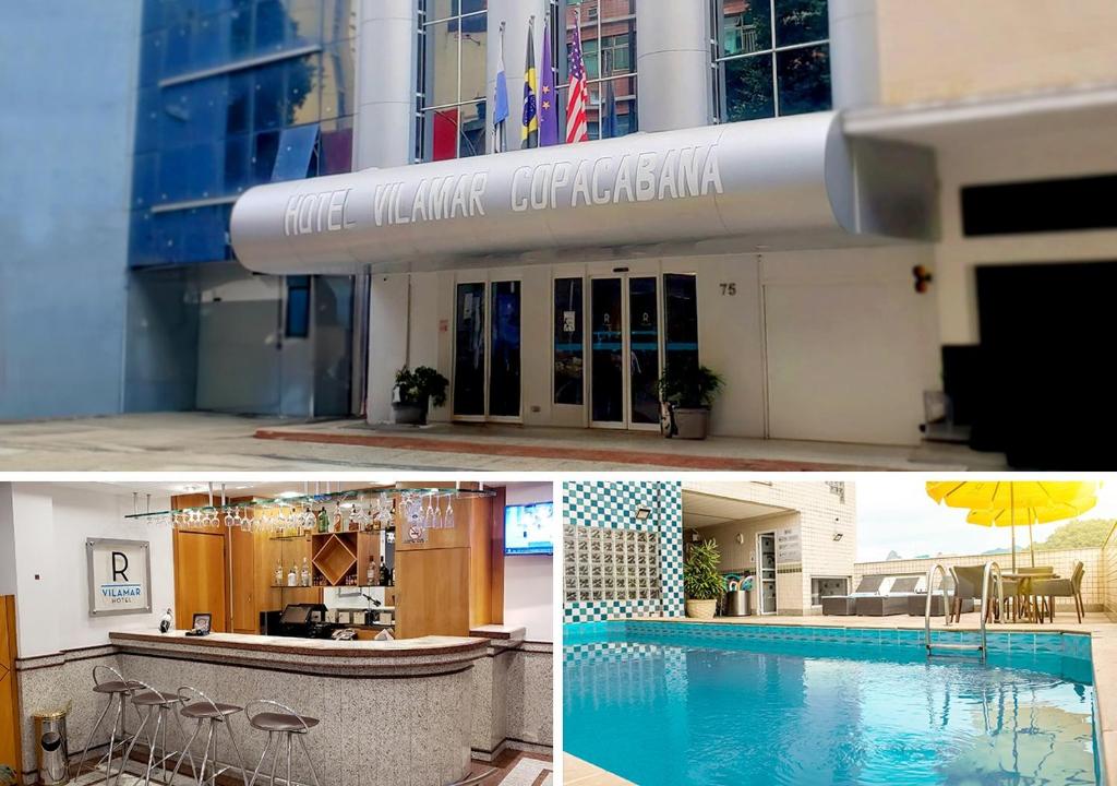 a collage of photos of a building and a swimming pool at Riale Vilamar Copacabana in Rio de Janeiro