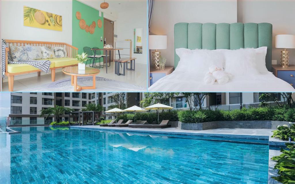 a collage of photos of a hotel room with a pool at Blissful Apartment - Masteri Millennium - FREE Infinity Pool in Ho Chi Minh City