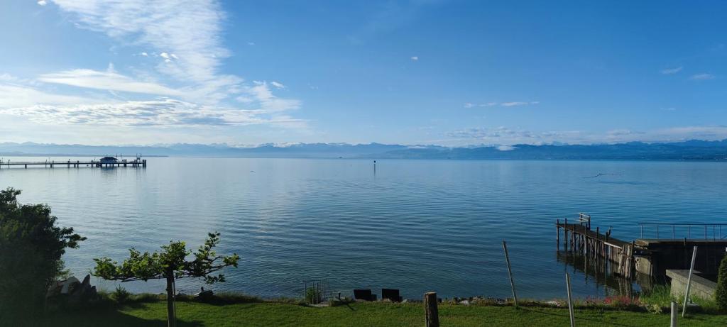 a view of a large lake with a dock at See genießen - Haus Seehang in Immenstaad am Bodensee