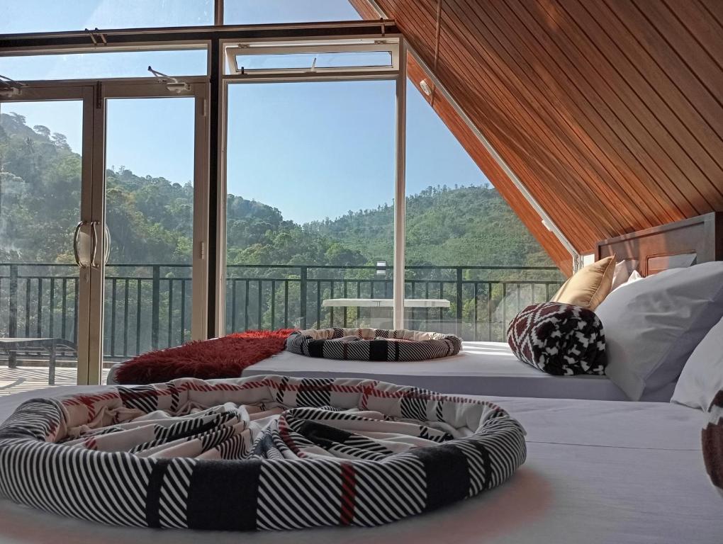 zwei Betten in einem Zimmer mit großem Fenster in der Unterkunft Dedunu Cabana & Resort in Badulla