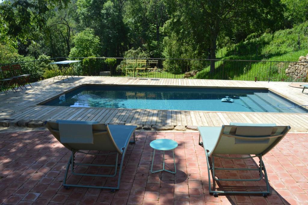 una piscina con 2 sillas y una mesa al lado en Rectoría de Castellar, en La Vall de Bianya