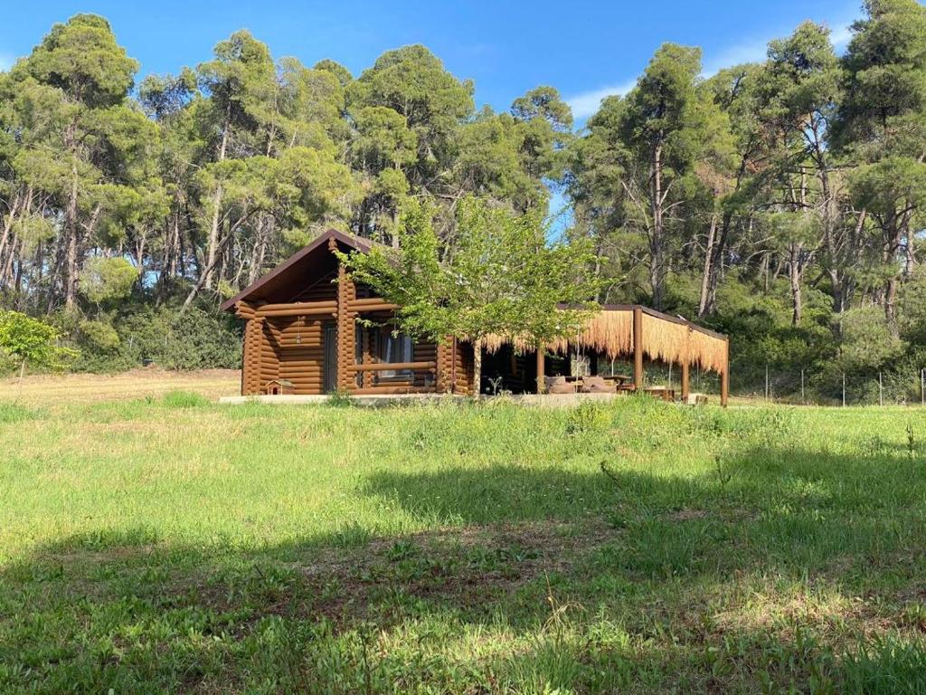 a log cabin in the middle of a field at Wood house Halkidiki in Nea Fokea