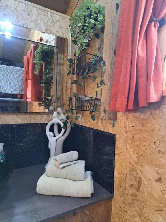 a bathroom with towels on a counter in front of a mirror at Little Oakhurst in Clitheroe
