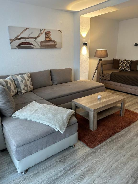 - un salon avec un canapé et une table basse dans l'établissement Rheinblick Appartements, à Remagen