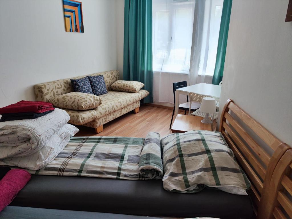 uma sala de estar com uma cama e um sofá em Hostel&ApartServices Viennna The Tidy Apartment em Viena