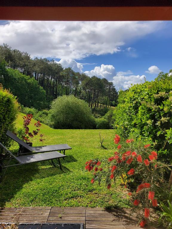 un banc de parc assis dans un champ avec des fleurs dans l'établissement Appartement calme avec jardin Bidart Biarritz, à Bidart