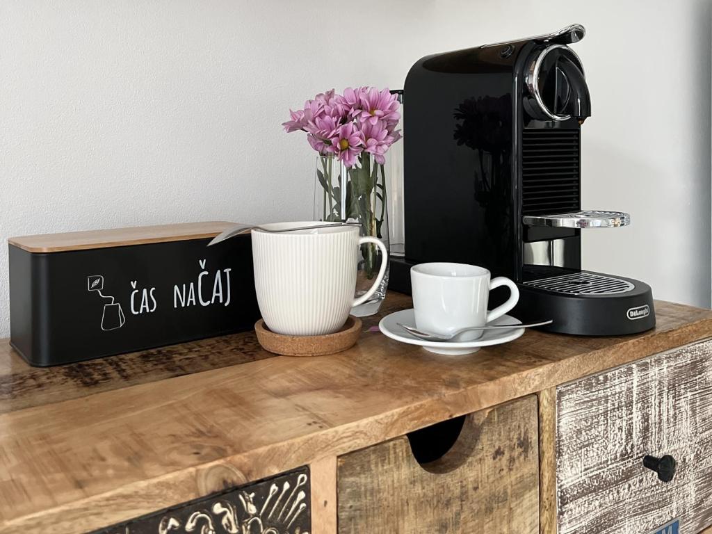 Příslušenství pro přípravu čaje a kávy v ubytování Apartmán Hamerka