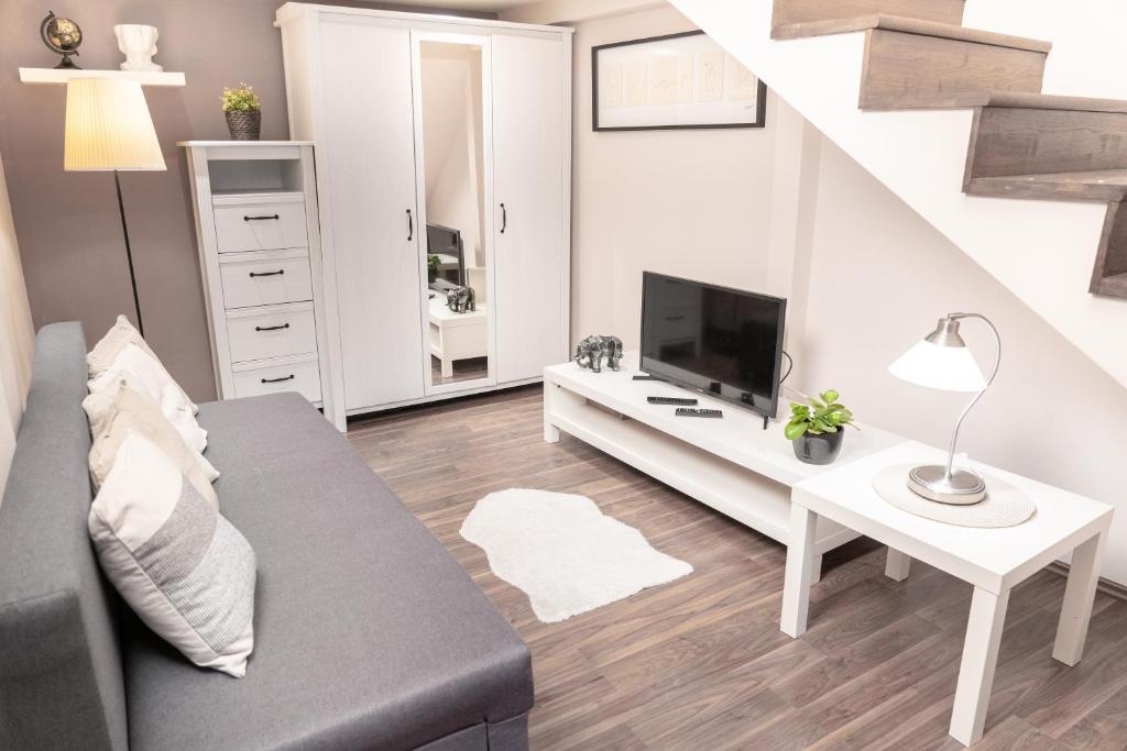 Bakáts Square Luxury Apartment في بودابست: غرفة معيشة مع أريكة وتلفزيون
