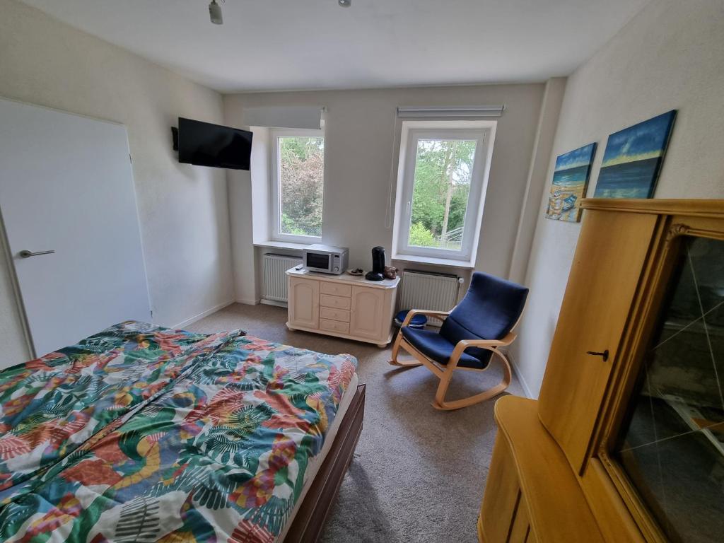 um quarto com uma cama, uma cadeira e 2 janelas em Ferienwohnung Sternenhimmel em Waldhilbersheim