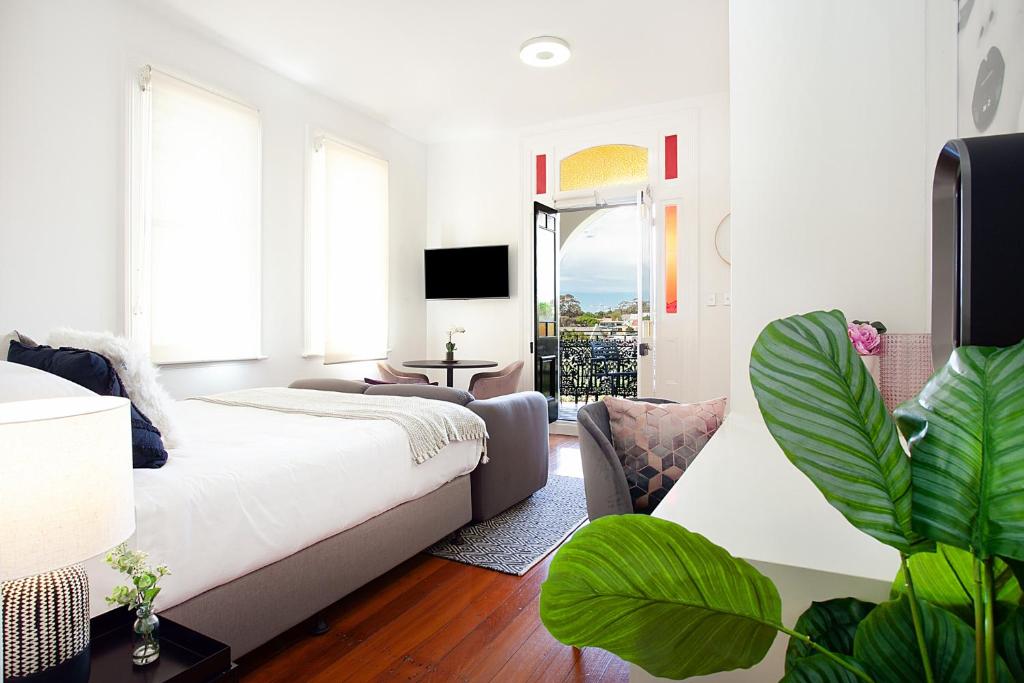 a living room with a bed and a couch at Charming Studio With Balcony in Inner-City Glebe in Sydney