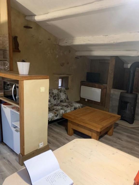 un salon avec un canapé et une table dans l'établissement Gîtes Domaine De Silhac Ardèche, à Silhac