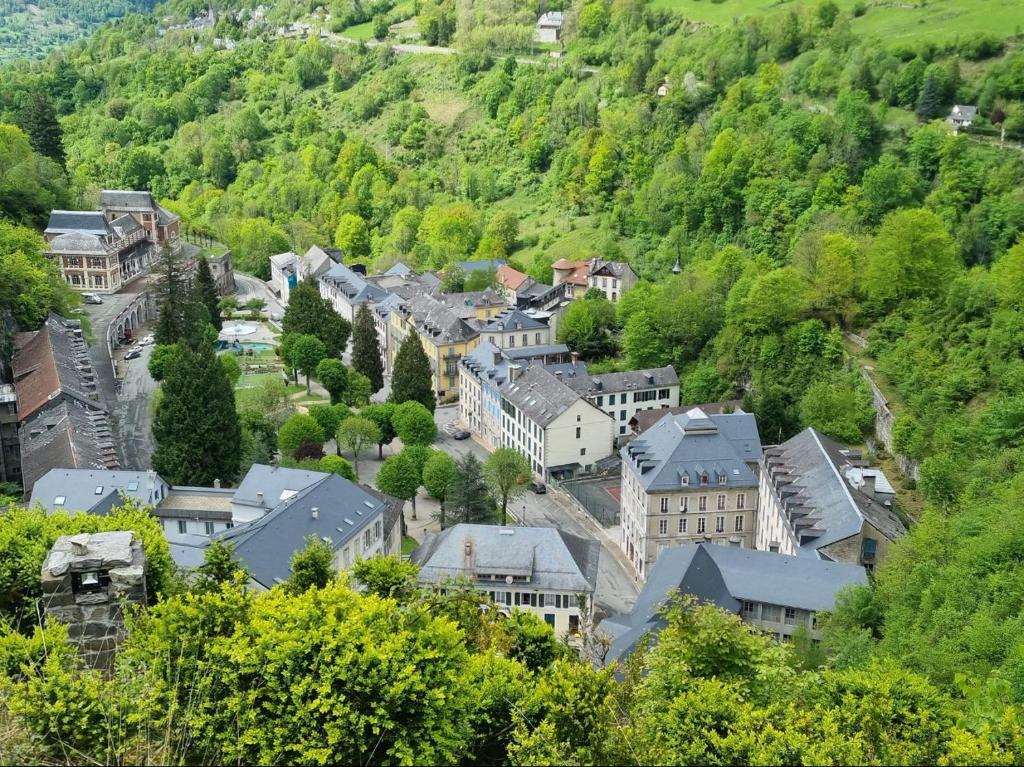 an aerial view of a town in a mountain at Cocon Montagnard in Eaux-Bonnes