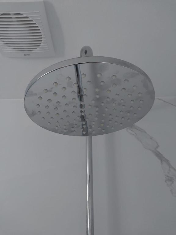 een douchekop in een badkamer met een plafond bij 't Vakansie'uus in Serooskerke