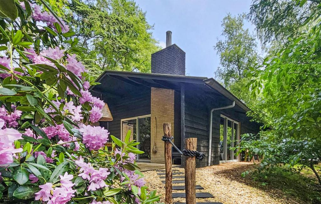 a small black building with flowers in front of it at Stunning Home In Rheezerveen With Sauna in Rheezerveen
