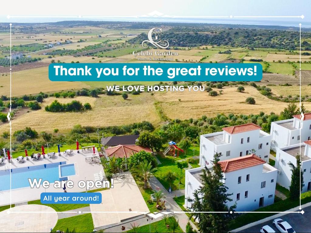 eine Darstellung eines Hauses mit den Worten Danke für die tollen Bewertungen in der Unterkunft Celebi Garden Hotel - Cittaslow Retreat in Famagusta